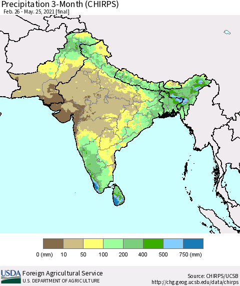 Southern Asia Precipitation 3-Month (CHIRPS) Thematic Map For 2/26/2021 - 5/25/2021