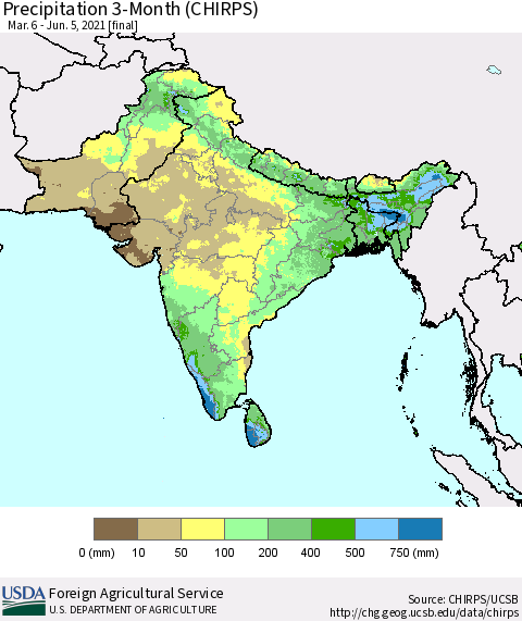 Southern Asia Precipitation 3-Month (CHIRPS) Thematic Map For 3/6/2021 - 6/5/2021