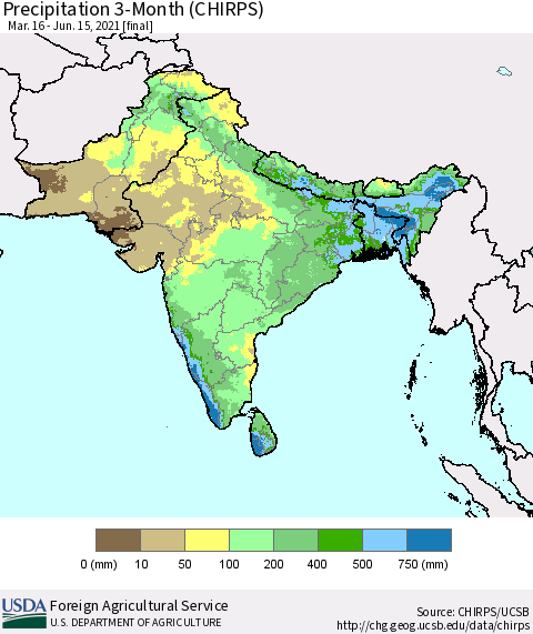 Southern Asia Precipitation 3-Month (CHIRPS) Thematic Map For 3/16/2021 - 6/15/2021