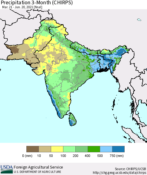Southern Asia Precipitation 3-Month (CHIRPS) Thematic Map For 3/21/2021 - 6/20/2021