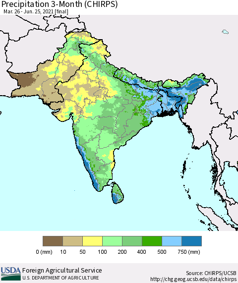 Southern Asia Precipitation 3-Month (CHIRPS) Thematic Map For 3/26/2021 - 6/25/2021