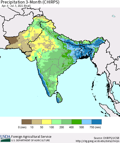 Southern Asia Precipitation 3-Month (CHIRPS) Thematic Map For 4/6/2021 - 7/5/2021