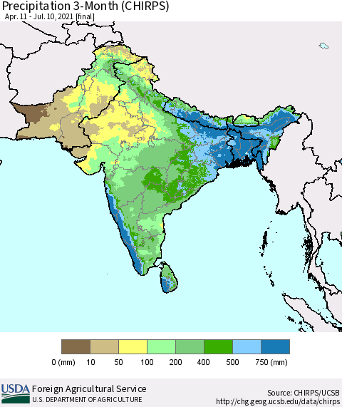 Southern Asia Precipitation 3-Month (CHIRPS) Thematic Map For 4/11/2021 - 7/10/2021