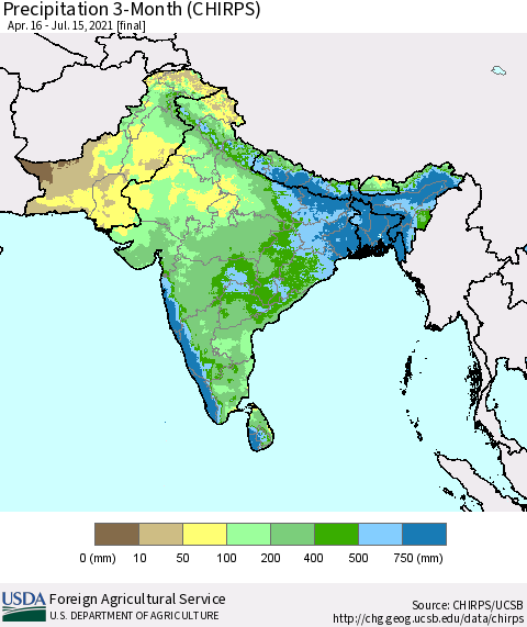 Southern Asia Precipitation 3-Month (CHIRPS) Thematic Map For 4/16/2021 - 7/15/2021