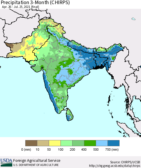 Southern Asia Precipitation 3-Month (CHIRPS) Thematic Map For 4/26/2021 - 7/25/2021
