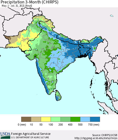 Southern Asia Precipitation 3-Month (CHIRPS) Thematic Map For 5/1/2021 - 7/31/2021