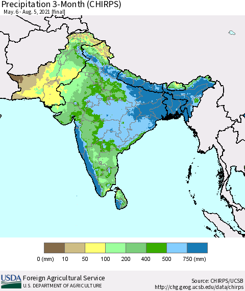 Southern Asia Precipitation 3-Month (CHIRPS) Thematic Map For 5/6/2021 - 8/5/2021