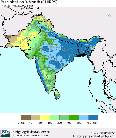 Southern Asia Precipitation 3-Month (CHIRPS) Thematic Map For 5/21/2021 - 8/20/2021