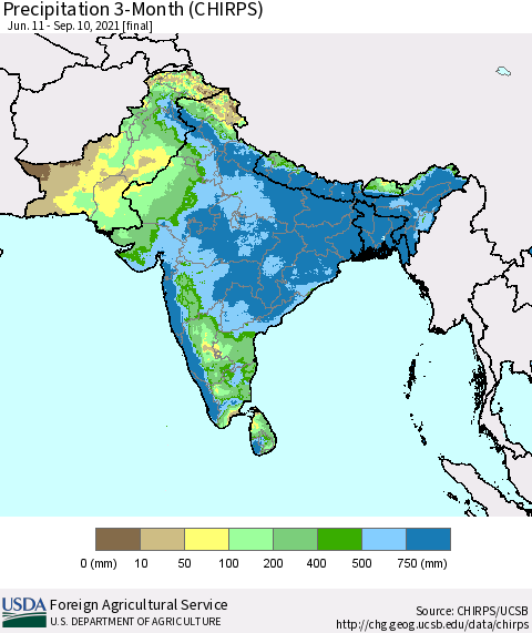 Southern Asia Precipitation 3-Month (CHIRPS) Thematic Map For 6/11/2021 - 9/10/2021