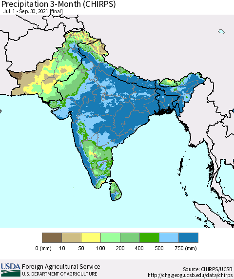 Southern Asia Precipitation 3-Month (CHIRPS) Thematic Map For 7/1/2021 - 9/30/2021
