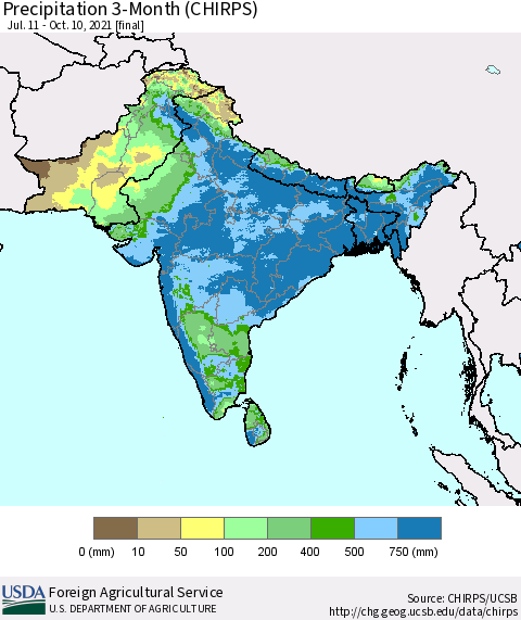 Southern Asia Precipitation 3-Month (CHIRPS) Thematic Map For 7/11/2021 - 10/10/2021