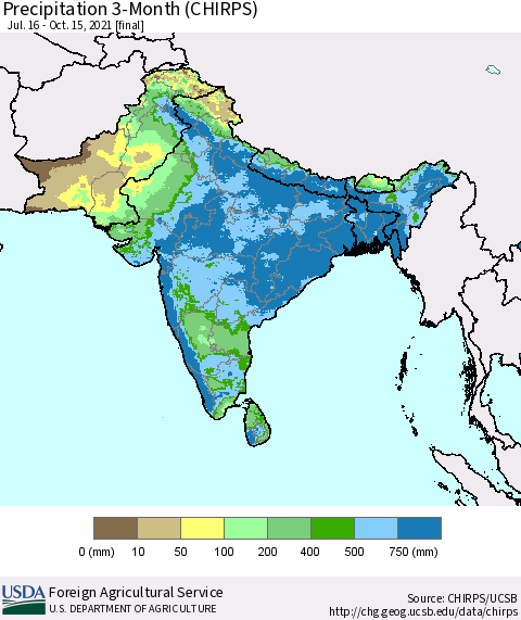 Southern Asia Precipitation 3-Month (CHIRPS) Thematic Map For 7/16/2021 - 10/15/2021