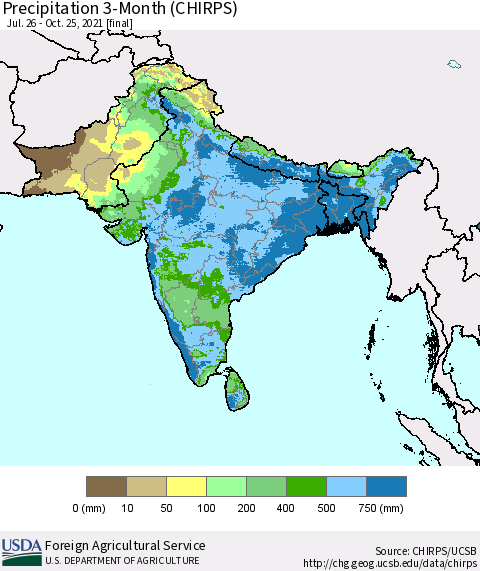 Southern Asia Precipitation 3-Month (CHIRPS) Thematic Map For 7/26/2021 - 10/25/2021
