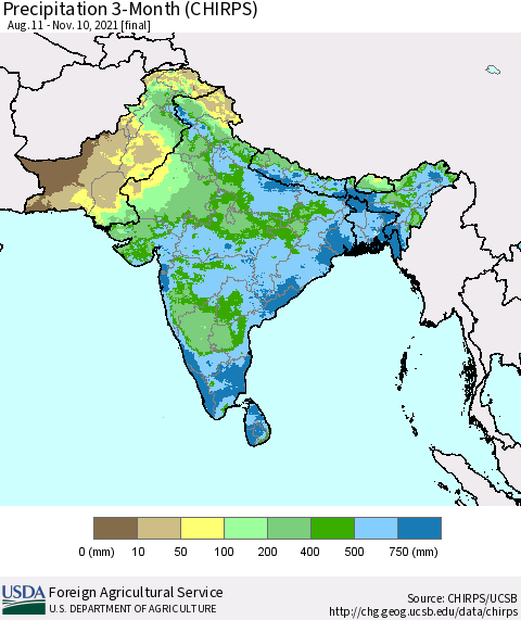 Southern Asia Precipitation 3-Month (CHIRPS) Thematic Map For 8/11/2021 - 11/10/2021