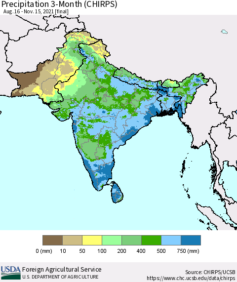 Southern Asia Precipitation 3-Month (CHIRPS) Thematic Map For 8/16/2021 - 11/15/2021