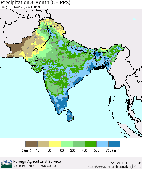 Southern Asia Precipitation 3-Month (CHIRPS) Thematic Map For 8/21/2021 - 11/20/2021