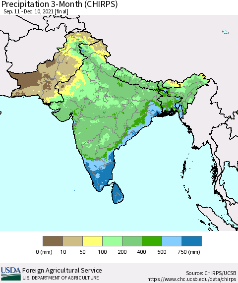 Southern Asia Precipitation 3-Month (CHIRPS) Thematic Map For 9/11/2021 - 12/10/2021