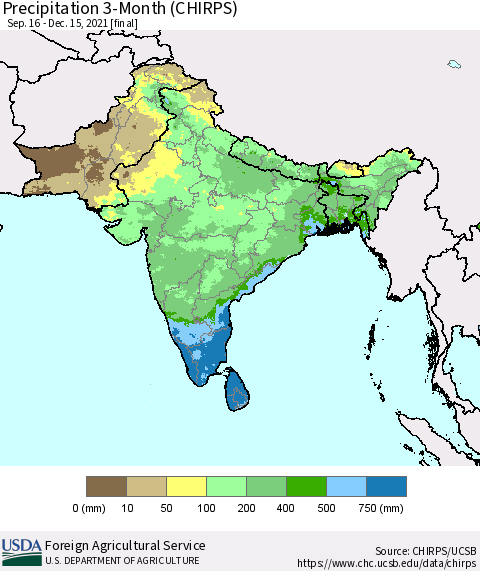 Southern Asia Precipitation 3-Month (CHIRPS) Thematic Map For 9/16/2021 - 12/15/2021