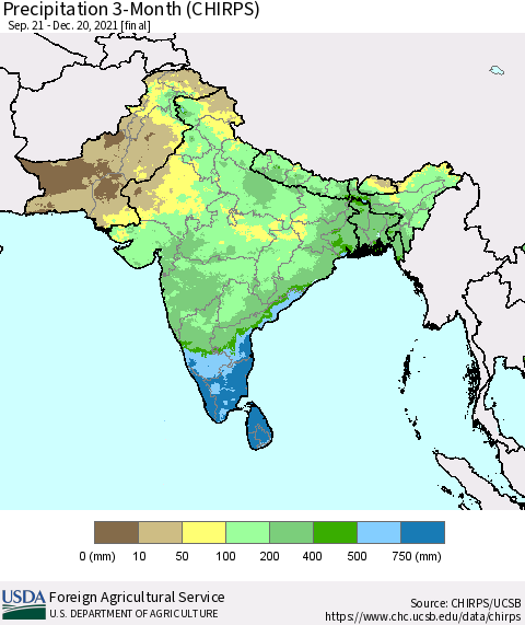 Southern Asia Precipitation 3-Month (CHIRPS) Thematic Map For 9/21/2021 - 12/20/2021