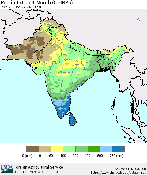 Southern Asia Precipitation 3-Month (CHIRPS) Thematic Map For 9/26/2021 - 12/25/2021