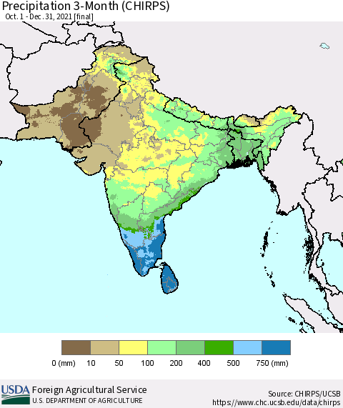 Southern Asia Precipitation 3-Month (CHIRPS) Thematic Map For 10/1/2021 - 12/31/2021