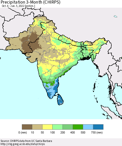 Southern Asia Precipitation 3-Month (CHIRPS) Thematic Map For 10/6/2021 - 1/5/2022