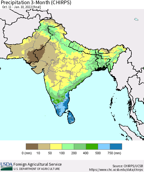 Southern Asia Precipitation 3-Month (CHIRPS) Thematic Map For 10/11/2021 - 1/10/2022