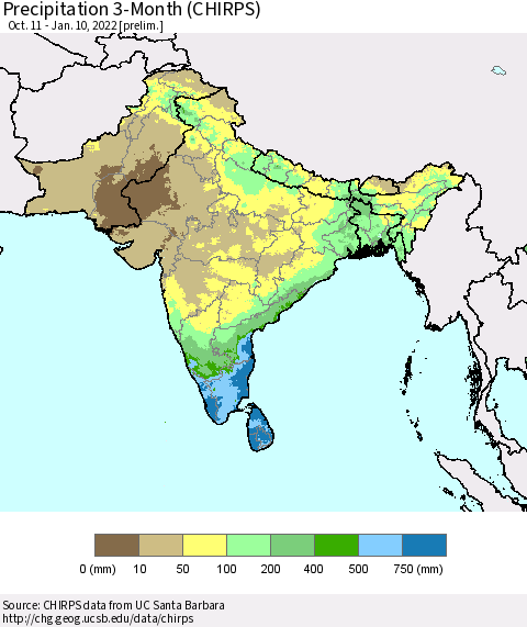 Southern Asia Precipitation 3-Month (CHIRPS) Thematic Map For 10/11/2021 - 1/10/2022