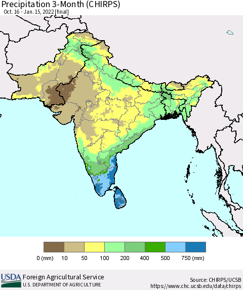 Southern Asia Precipitation 3-Month (CHIRPS) Thematic Map For 10/16/2021 - 1/15/2022