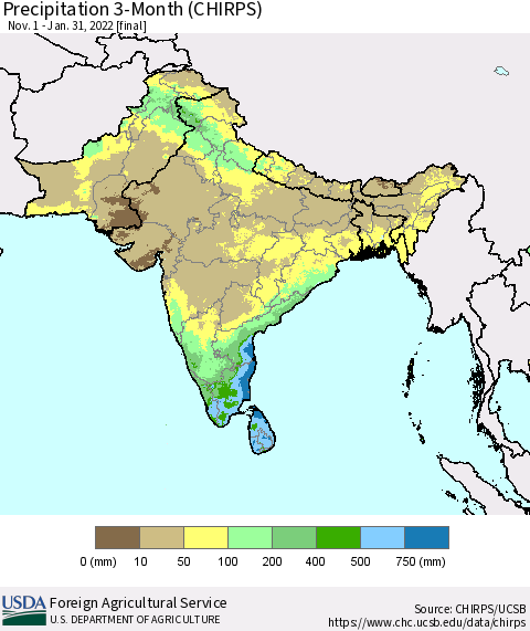 Southern Asia Precipitation 3-Month (CHIRPS) Thematic Map For 11/1/2021 - 1/31/2022