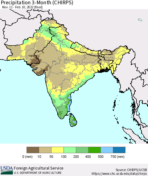 Southern Asia Precipitation 3-Month (CHIRPS) Thematic Map For 11/11/2021 - 2/10/2022