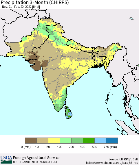 Southern Asia Precipitation 3-Month (CHIRPS) Thematic Map For 11/21/2021 - 2/20/2022