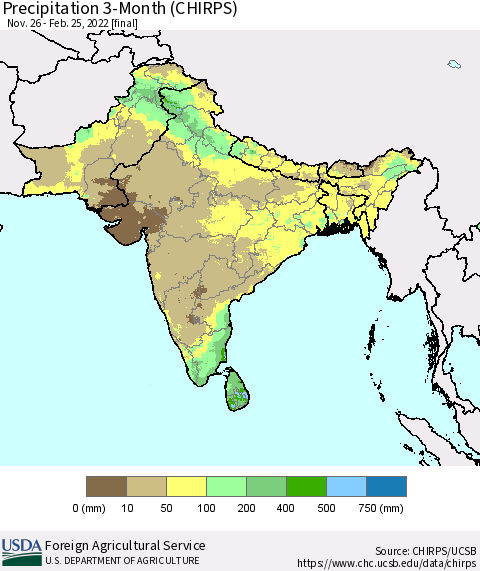 Southern Asia Precipitation 3-Month (CHIRPS) Thematic Map For 11/26/2021 - 2/25/2022