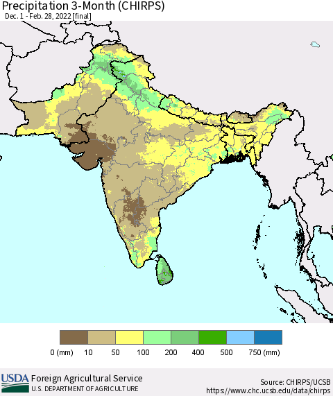 Southern Asia Precipitation 3-Month (CHIRPS) Thematic Map For 12/1/2021 - 2/28/2022