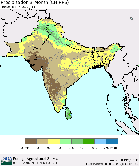 Southern Asia Precipitation 3-Month (CHIRPS) Thematic Map For 12/6/2021 - 3/5/2022