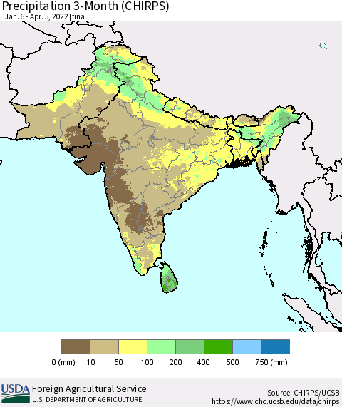 Southern Asia Precipitation 3-Month (CHIRPS) Thematic Map For 1/6/2022 - 4/5/2022