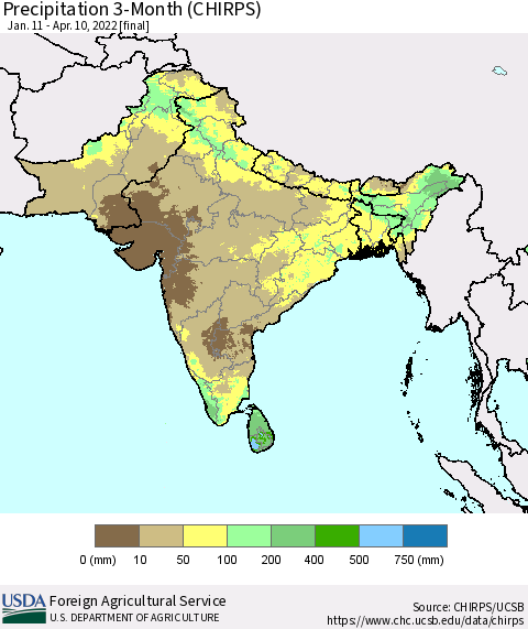 Southern Asia Precipitation 3-Month (CHIRPS) Thematic Map For 1/11/2022 - 4/10/2022
