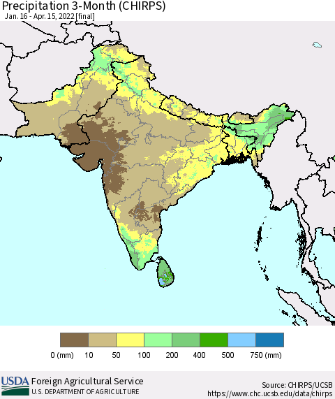Southern Asia Precipitation 3-Month (CHIRPS) Thematic Map For 1/16/2022 - 4/15/2022