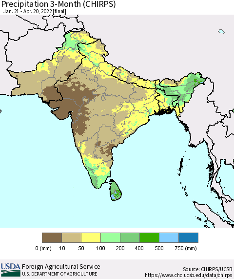 Southern Asia Precipitation 3-Month (CHIRPS) Thematic Map For 1/21/2022 - 4/20/2022