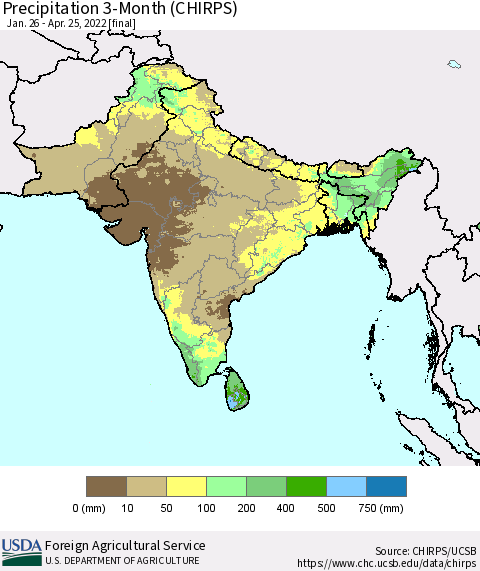 Southern Asia Precipitation 3-Month (CHIRPS) Thematic Map For 1/26/2022 - 4/25/2022