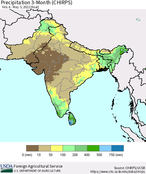 Southern Asia Precipitation 3-Month (CHIRPS) Thematic Map For 2/6/2022 - 5/5/2022
