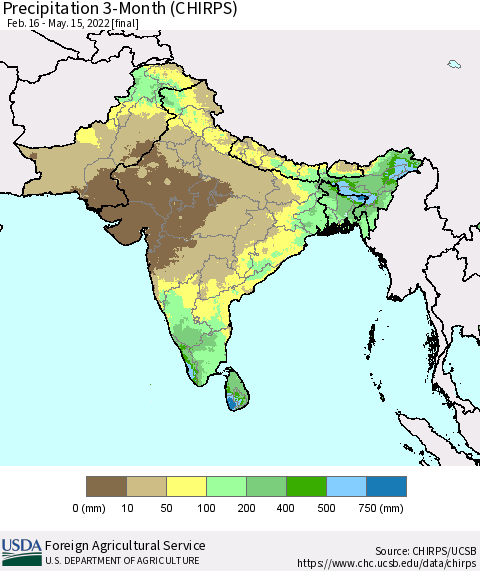 Southern Asia Precipitation 3-Month (CHIRPS) Thematic Map For 2/16/2022 - 5/15/2022