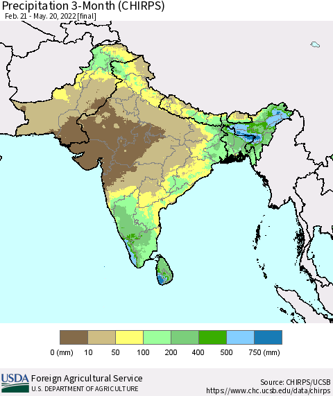 Southern Asia Precipitation 3-Month (CHIRPS) Thematic Map For 2/21/2022 - 5/20/2022