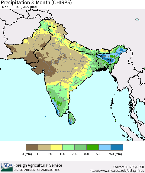 Southern Asia Precipitation 3-Month (CHIRPS) Thematic Map For 3/6/2022 - 6/5/2022