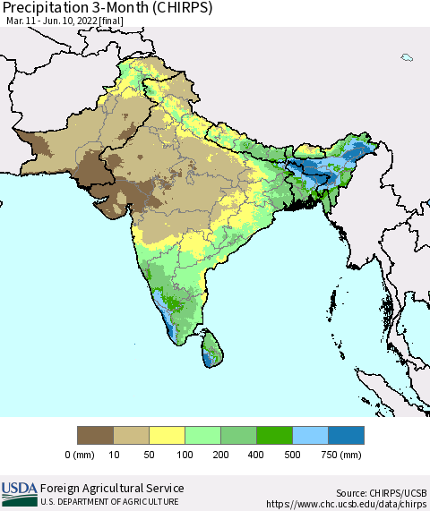 Southern Asia Precipitation 3-Month (CHIRPS) Thematic Map For 3/11/2022 - 6/10/2022