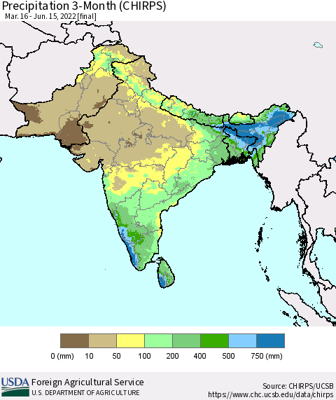 Southern Asia Precipitation 3-Month (CHIRPS) Thematic Map For 3/16/2022 - 6/15/2022