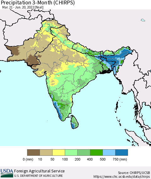 Southern Asia Precipitation 3-Month (CHIRPS) Thematic Map For 3/21/2022 - 6/20/2022