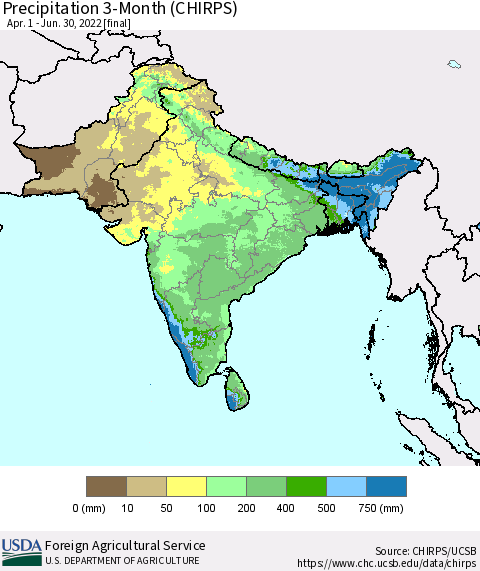 Southern Asia Precipitation 3-Month (CHIRPS) Thematic Map For 4/1/2022 - 6/30/2022