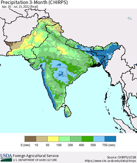 Southern Asia Precipitation 3-Month (CHIRPS) Thematic Map For 4/16/2022 - 7/15/2022