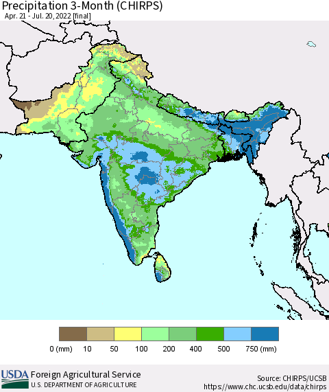 Southern Asia Precipitation 3-Month (CHIRPS) Thematic Map For 4/21/2022 - 7/20/2022
